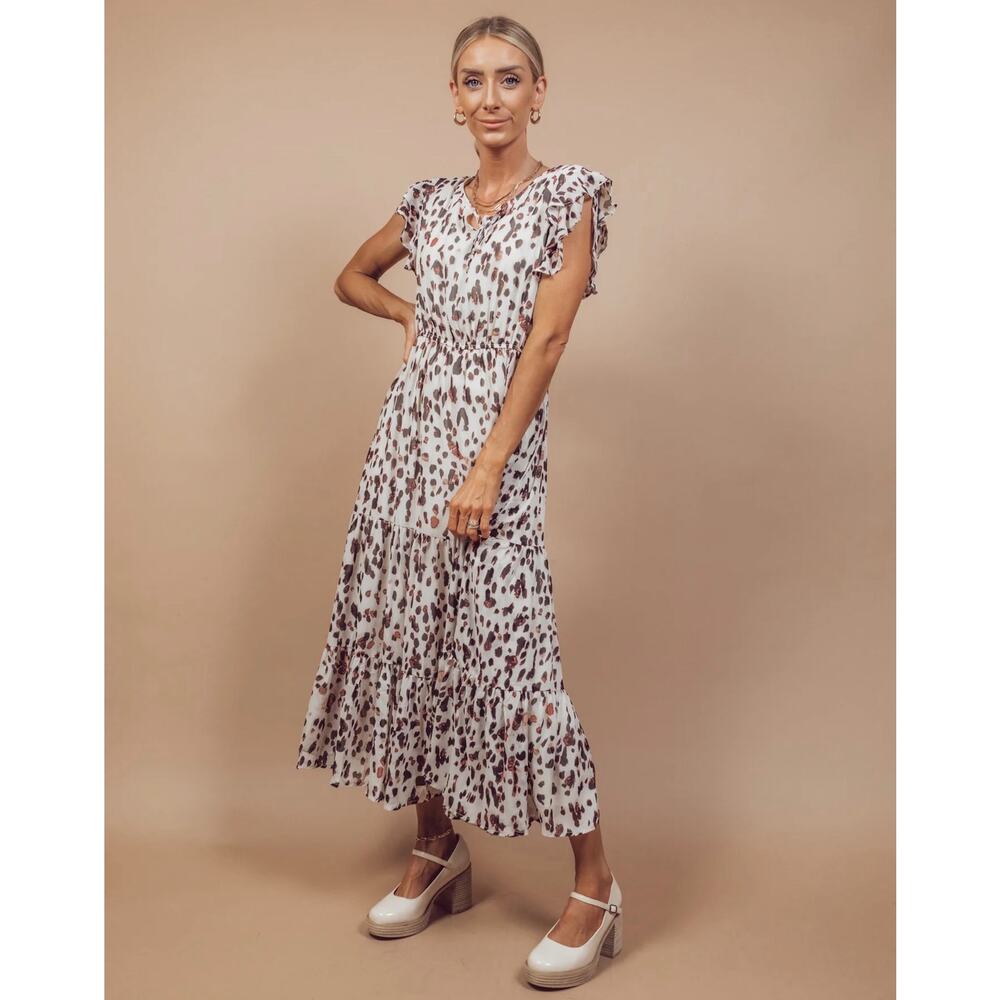 Hayden Printed Tiered Flutter Sleeve MIDI Dress-Size S